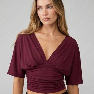 Burgundy Ruched Deep V-Neck Cropped Top with Dolman Sleeves